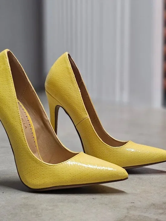 Yellow High Heel Pumps With Faux Snakeskin Texture & Pointed Toe Design - Picture 16 of 16